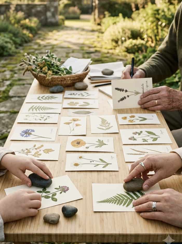 Three generations of hands working together at a bamboo table covered with small botanical print cards — a child pressing fresh botanicals with a smooth stone, an adult arranging finished cards, and an elder writing on a completed card in the background. Estate garden grounds visible beyond.
