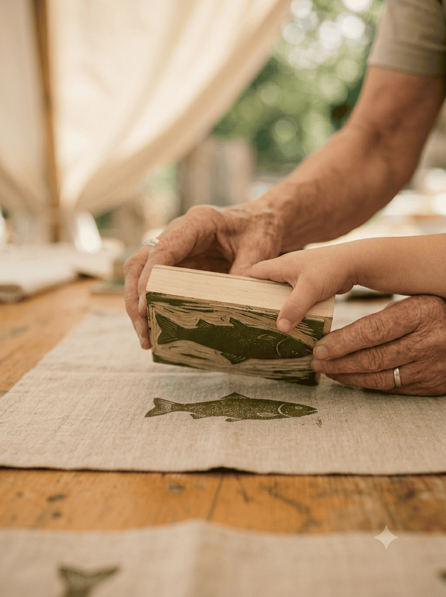 Family engaging in hand-made linoleum printwork decoration process. Adult hands guide a child's hand over a wooden printing block fitted with a linoleum plate carved into the shape of a fish being printed onto natural linen in an olive green ink.