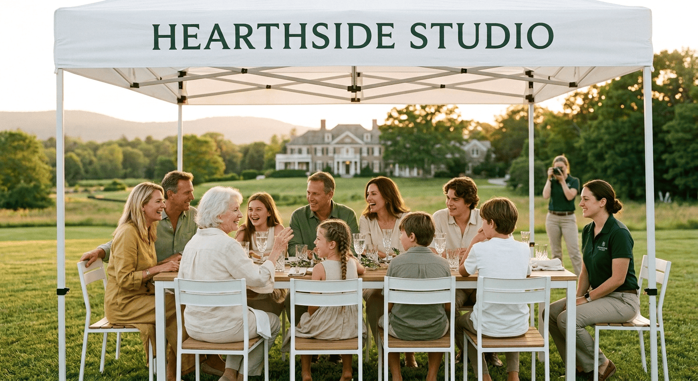 A multigenerational family gathered beneath a Hearthside Studio canopy on a Hamptons estate, a grandmother beaming at her grandchildren.